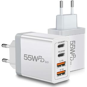 European USB C Charger 2 Pack, 55W European Travel Plug Adapter 4-Port Fast Charger Type C Wall Charger USA to Europe Plug Adaptor for iPhone 16 15 14 13 12 11 Pro Max XS X 8, Galaxy, Android
