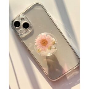 Pressed Pink Daisy Flowers Phone Grip Holder, Expandible Collapsible Transparent Cell Phone Accessory, Dried Natural Flowers Phone Stand, Phone Charms Tablet Support