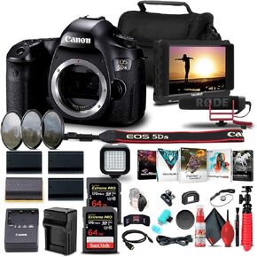 Canon EOS 5DS DSLR Camera (Body Only) (0581C002) + 4K Monitor + Pro Mic + 2 x 64GB Memory Card + 3 x LPE6 Battery + Charger + Card Reader + LED Light + Corel Photo Software + Case + More (Renewed)