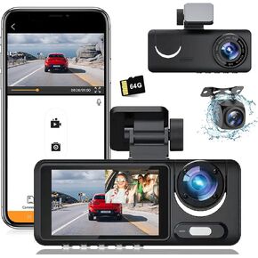 Dash Camera, 3 Channel Dash Cam Front and Rear,1080P Full HD Dash Camera for Cars with 64G SD Card Car Dashboard Camera Recorder with 2'' IPS Screen 170°Wide Angle,WDR G-Sensor Parking Mode
