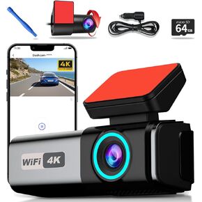 Dash Cam Front and Inside, 4K+1080P Full HD Dash Camera for Cars, 1.47" IPS Screen, One-Click Photo, Built-in WiFi, Free 64GB Card, WDR, G-Sensor, Night Vision, Loop Recording, 24H Parking Monitor