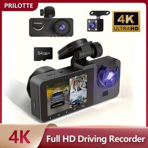 4K Ultra HD Dash Cam, 3 Camera System with Front, Rear & Interior Recording, 170° Front View, Auto Night Vision, 24hr Parking Mode, Loop Recording, 64GB SD Card Included