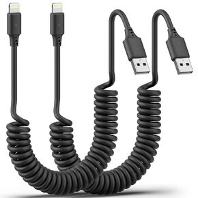 Coiled Lightning Cable 3FT 2Pack Coiled Lightning Cable for Car, Stretchable iPhone Cord Fast Charging [MFi Certified] Coiled USB to Lightning Cable for iPhone 14 13 12 11 Pro Max XS 8 iPad CarPlay