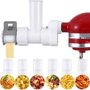 6 IN 1 Pasta Maker Attachment for KitchenAid Stand Mixers, Included 6 Different Shapes of Outlet, and Cleaning Brush, Homemade Spaghetti Extruder, White