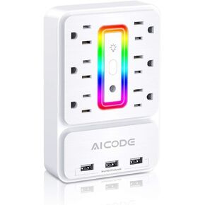 AICODE Multi Plug Outlet Extender, 6 Outlet Surge Protector with 3 USB Charger(3.2A Total),Plug Electrical Outlet with 6 Ambient RGB Light, Plug Extender for Home,Office,Dorm,Hotel