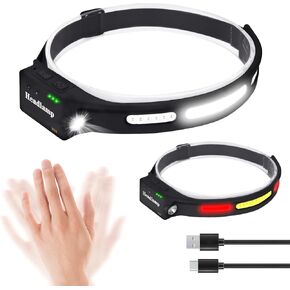 Type-C Rechargeable Red Headlamp, 500 Lumen 5 Modes Ultra Bright White Light Headlamp with Motion Sensor, IPX4 Waterproof Adjustable Strap Flashlight for Camping,Emergency,Running,Cycling