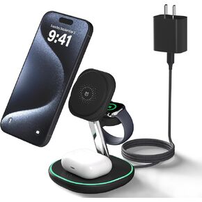 3 in 1 Charging Station, Mag-Safe Charger Stand,15W Wireless Fast Magnetic Charger,Compatible Apple iPhone 16 15 14 13 12 Pro/Max/Plus/Mini,AirPods Pro/3/2,iWatch Ultra10/9/8/7/6/SE/5/4/3/2