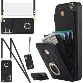 Asuwish Phone Case for Samsung Galaxy S24 5G Wallet Cover with Tempered Glass Screen Protector and Crossbody Wrist Strap Ring Stand RFID Blocking Card Holder Leather Cell S 24 24S G5 Women Girls Black