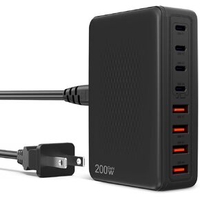 200W USB C Charger Block-Upgraded GaN III 8-Ports-Fast Charging Station Hub-PD 65W Fast USB C Laptop Charger Adapter Compatible with iPhone 16/15/Macbook Pro/Air/S23/DELL,Steam Deck ect (Black)
