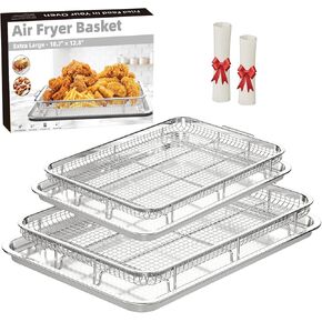 Air Fryer Basket for Oven, 2 Set Air Fryer Basket and Tray Set with 60 Sheets Parchment Papers,THORSES Stainless Steel NonStick Air Fryer Pan and Crisper Tray-Black Large15.7“×11.6" & Medium12.8"×8.9"