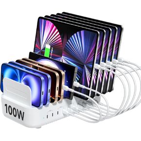 SooPii USB C Multi Charging Station,100W 10-Port Type C Fast Charger Station for Multiple Devices with Adjustable Dividers, Charger Organizer Compatible with Phone, Tablet,Kindle and More(White)