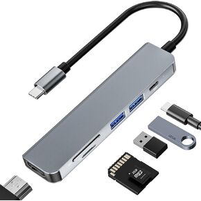 USB C Hub, 6IN1 USB C Adapter, 4k USB C to HDMI Multiport Adapter, Slim Aluminum USB Hub Compatible for USB C Laptops and Other Type C Devices(4K HDMI USB 2.0 & USB3.0 SD/TF Card Reader 100W PD)