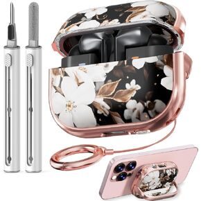 with Safety Lock for Galaxy Buds Pro 3 Case/Galaxy Buds 3 Case with Cleaner Kit and Keychain, Cute Floral Buds Pro 3 Case Cover for Women Girly, As a Phone Stand- Black Gold Flower