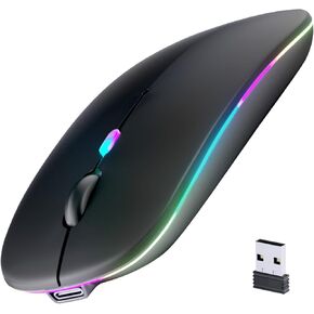 Wireless Bluetooth Mouse, Rechargeable, LED, Silent, Ultra-thin Design (Bluetooth 5.2 and 2.4GHz USB Receiver) | Portable Computer Mouse for Laptops, iPads, MacBooks and Apple Devices (Black)