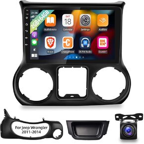 2+64G Android 13 Car Radio for Jeep Wrangler 2011 2012 2013 2014 with Carplay and Android Auto 10.1 inch Touch Screen Car Stereo, HiFi Audio/Bluetooth/WiFi/GPS +AHD Backup Camera