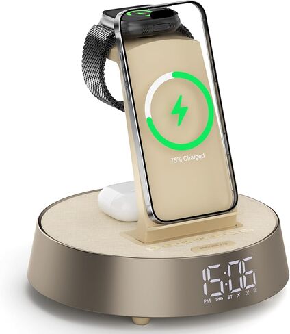 Alarm Clock with Wireless Charger for Bedrooms, Mag-Safe Charger with Night Light Bluetooth Speaker, Wireless Charger Dock Station for iPhone 16 15 14 13 12 11 Pro Max, Apple Watch, AirPods Pro in Saudi Arabia