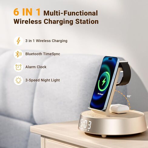 Alarm Clock with Wireless Charger for Bedrooms, Mag-Safe Charger with Night Light Bluetooth Speaker, Wireless Charger Dock Station for iPhone 16 15 14 13 12 11 Pro Max, Apple Watch, AirPods Pro in Saudi Arabia