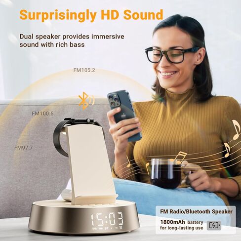 Alarm Clock with Wireless Charger for Bedrooms, Mag-Safe Charger with Night Light Bluetooth Speaker, Wireless Charger Dock Station for iPhone 16 15 14 13 12 11 Pro Max, Apple Watch, AirPods Pro in Saudi Arabia