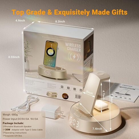 Alarm Clock with Wireless Charger for Bedrooms, Mag-Safe Charger with Night Light Bluetooth Speaker, Wireless Charger Dock Station for iPhone 16 15 14 13 12 11 Pro Max, Apple Watch, AirPods Pro in Saudi Arabia