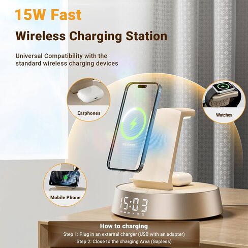 Alarm Clock with Wireless Charger for Bedrooms, Mag-Safe Charger with Night Light Bluetooth Speaker, Wireless Charger Dock Station for iPhone 16 15 14 13 12 11 Pro Max, Apple Watch, AirPods Pro in Saudi Arabia