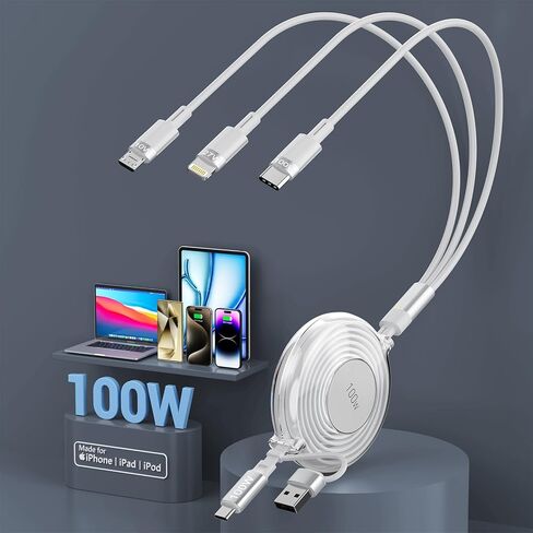 100W Multi Charging Cable, Retractable iPhone Charger Cord Compact for Travel, 4FT 6-in-1 Retractable Fast Charging Adapter with USB C/Lightning/Micro USB Ports for iPad Pro 2024/iPhone 15 14 (White) in Saudi Arabia
