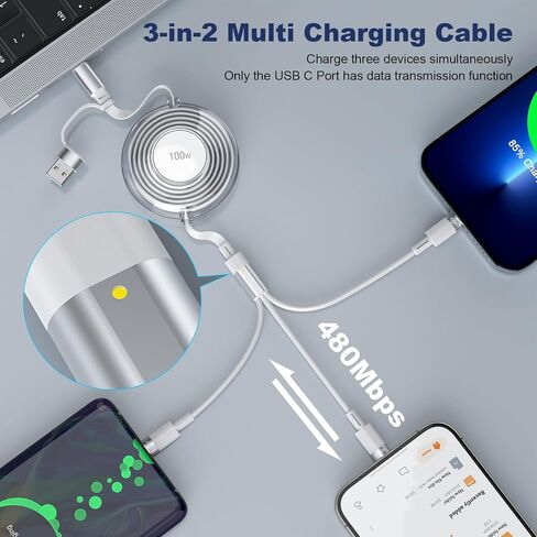 100W Multi Charging Cable, Retractable iPhone Charger Cord Compact for Travel, 4FT 6-in-1 Retractable Fast Charging Adapter with USB C/Lightning/Micro USB Ports for iPad Pro 2024/iPhone 15 14 (White) in Saudi Arabia