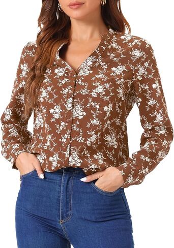 Allegra K Women's Chiffon Floral Tops V Neck Long Sleeve Button-Up Blouse Shirt in Saudi Arabia