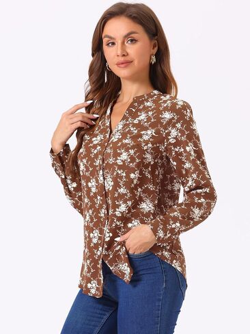Allegra K Women's Chiffon Floral Tops V Neck Long Sleeve Button-Up Blouse Shirt in Saudi Arabia