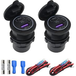 MDEOOSKY 2 Pcs Car Charger Socket 83W 12V USB Charger Outlet with Touch Switch Waterproof USB-C and Dual QC3.0 Ports for Car Boat Marine Bus Truck RV Moto