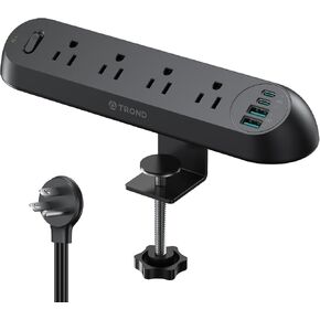 TROND Desk Clamp Power Strip USB C PD 20W- Surge Protector with 4 AC Outlets 4 USB Ports, Flat Plug 6ft Extension Cord, 1700J, ETL Listed, Fits 1.97 inch Tabletop Edge, for Home Office, Black