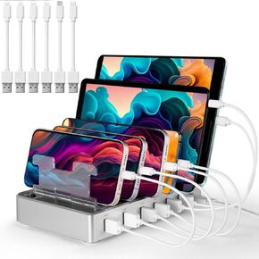 Charging Station for Multiple Devices, 6 Ports Multi Devices Charger USB Phone Fast Charging Station for iPhone iPad Android Cell Phone Tablets