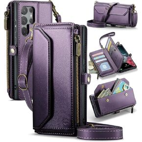 Crossbody Wallet Case Compatible with Samsung Galaxy S22 Ultra 5G RFID Blocking 10-Card Holder Soft PU Leather Magnetic Snap Strap Zipper Pocket Phone Case Fit for Galaxy S22 Ultra - Wine Red