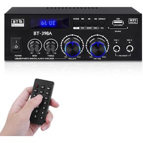 BT-398A Stereo Amplifier Receivers, Bluetooth 5.0 Audio Amp 2.0 Channel 60W+60W Rated Power Mini Speakers Sound Amplifiers Digital Amps w/FM Radio USB SD Card for Home Theater Audio System