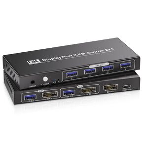 8K@60Hz 4K@120Hz Displayport KVM Switch 1 Monitors 2 Computers with 4 Port USB 3.0 Hub, 2 Port DP KVM Switch for 2 Computers Share 1 Set of Keyboard, Mouse and 1 Monitor