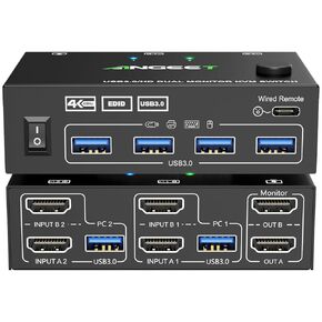 HDMI KVM Switch 2 Monitors 2 Computers 4K@60Hz 2K@144Hz, EDID Simulation, ANGEET Dual Monitor KVM Switch with 4 USB 3.0 Port for Keyboard Mouse, 2 Monitors KVM Switches with Wired Remote and USB Cable