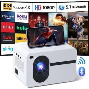 Projector with WiFi and Bluetooth, 500 ANSI Mini Projector 18000L Home Theater Video Projector, Electric Focus Portable Outdoor Projector Compatible with iOS/Android/HDMI/PC/USB/ TV Stick(white)