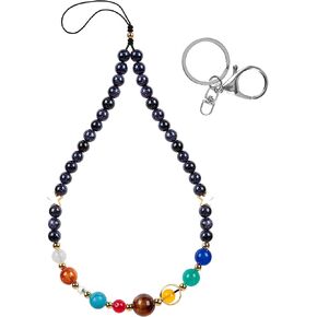 Solar System Phone Charm Lanyard Wrist Strap Universe Galaxy Blue Sandstone The Eight Planets Guardian Star Beaded Keychain for Women Men