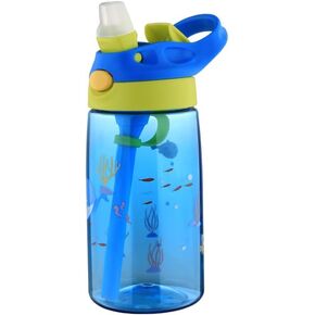 Children's water bottle for home or field trips, 16 oz premium durable plastic water bottle, one-touch pop-up nozzle cap, with straw, handle and leakproof (Blue Whale), HYZRTSP01