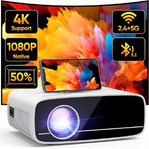 TMY Projector with WiFi and Bluetooth, Native 1080P Mini Projector, Portable Projector wirh 50% Zoom, Compatible with TV Stick/Phone/PC/DVD/HDMI/USB/TF, Movie Projector for Home Bedroom