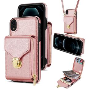 Compatible with iPhone XR 6.1 Wallet Case Crossbody Strap Leather Zipper Credit Card Holder Clasp Stand Cell Accessories Phone Cover for iPhoneXR iPhone10R i Phonex 10XR 10R RX CR iPhoneXRcases Pink