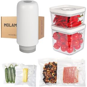 2025 New Handheld Vacuum Sealer for Food storage, Sous Vide and Meal Prep. 1 vacuum machine 2 compact containers and 4 reusable bags, 7-piece Set. Extending freshness up to 5 times longer