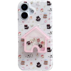 for iphone15pro/14/13 case，Cute Animal Pattern Phone Case with Pink House Accent, for iPhone 16promax，with Cell Phone Grips (Phone Holder+Phone case, iphone16)