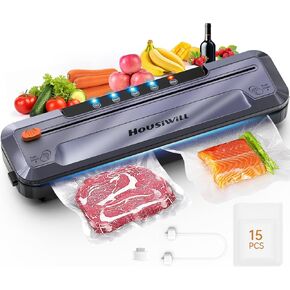 Housiwill vacuum sealer, 5 in 1 Food Vacuum Sealer Machine, Automatic Vacuum Machine for Food Storage, for Dry/Moist and Sous Vide Air Sealer Machine with 15 Vacuum Bags & 1 Air Suction Hose