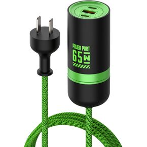 65W GaN Fast Wall Charger Block with 2 USB-C & 1 USB-A Ports, 5ft Nylon Extension Adapter – High-Speed Charging for iPhone, iPad, MacBook, Samsung Galaxy, and More Devices (Black&Green)