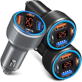 USB C Car Charger, 3 Pack 65W Dual 12V Car Power Adapter with Voltmeter QC+PD 3.0 Multi Port Fast Charging Cigarette Lighter USB Charger for iPhone 16 15 14 13 12 Pad Pro Max, Android(Black Gray)