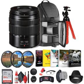 Panasonic Lumix G Vario 45-150mm f/4-5.6 ASPH. MEGA O.I.S. Mirrorless Camera Lens (H-FS45150AK) + Sling Backpack + Photography Software + 64GB Memory Card + Flexible Tripod + Cleaning Kit + More