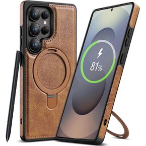 Magnetic for Samsung Galaxy S25 Ultra Leather Case,Invisible Stand [Compatible with Magsafe] Slim Kickstand Phone Cove for Samsung S25 Ultra Case (Brown, S25 Ultra)