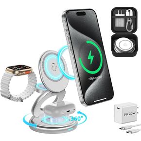 Charging Station for Apple Multiple Devices - 3 in1 Wireless Charger Foldable Magnetic Dock - Travel Essentials Charger Rotating Stand for iPhone 15-14-13-12 Pro Max Plus Watch for Airpods Charger Pad