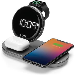 iHome POWERVALET Quad 4-in-1 Dual Qi Wireless Fast Charger, Airpod Charging, Apple Watch Charger, and USB Charging Alarm Clock, 30W Total Power Output (iWW33)