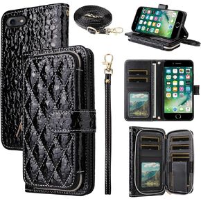 Argyle Wallet Case for iPhone 7/8/SE 2020/2022 with Crossbody/Wrist Strap Zipper Purse Cell Phone Cover for iPhone7 iPhone8 7s 8s i SE2020 SE2022 2/2nd/3/3rd Generation SE2 SE3 7SE 8SE Black